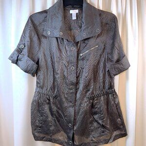 Womens Chico's Shiny Metallic Gray Short Sleeve Snap-Button Front Blouse, Medium